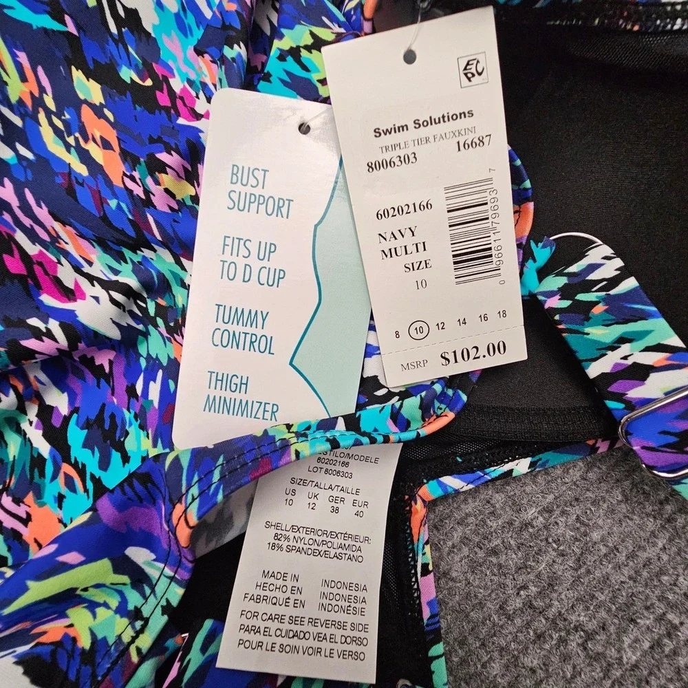 Swim Solutions Women One Piece Triple‎ Tier Fauxkini Tummy Control Navy Multi 10 - Picture 10 of 10